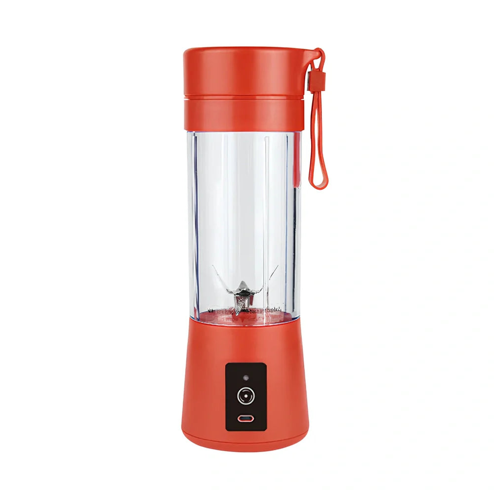 Rechargeable 400ml portable electric juicer cup in black, 8x8x22.5cm size, blending fruits with safety switch