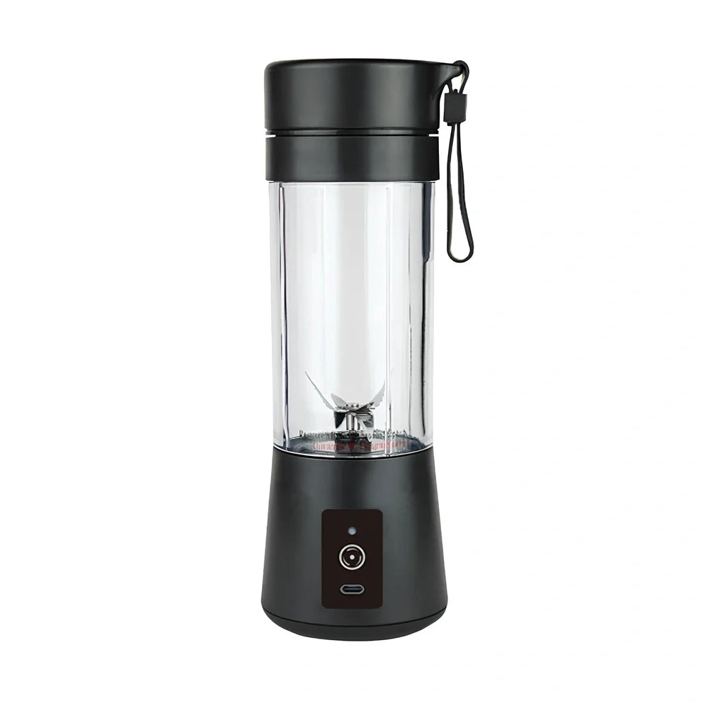 Rechargeable 400ml portable electric juicer cup in black, 8x8x22.5cm size, blending fruits with safety switch