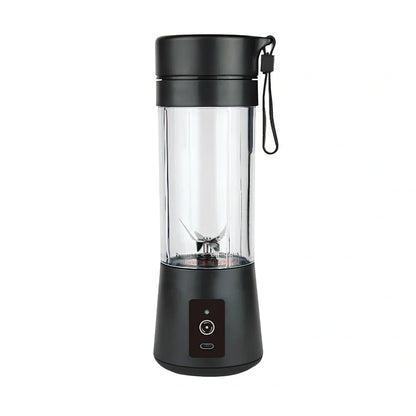 Rechargeable 400ml portable electric juicer cup in black, 8x8x22.5cm size, blending fruits with safety switch