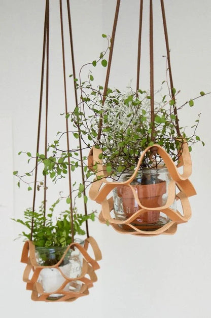 Handwoven leather hanger basket with macrame wall hanging for small plants