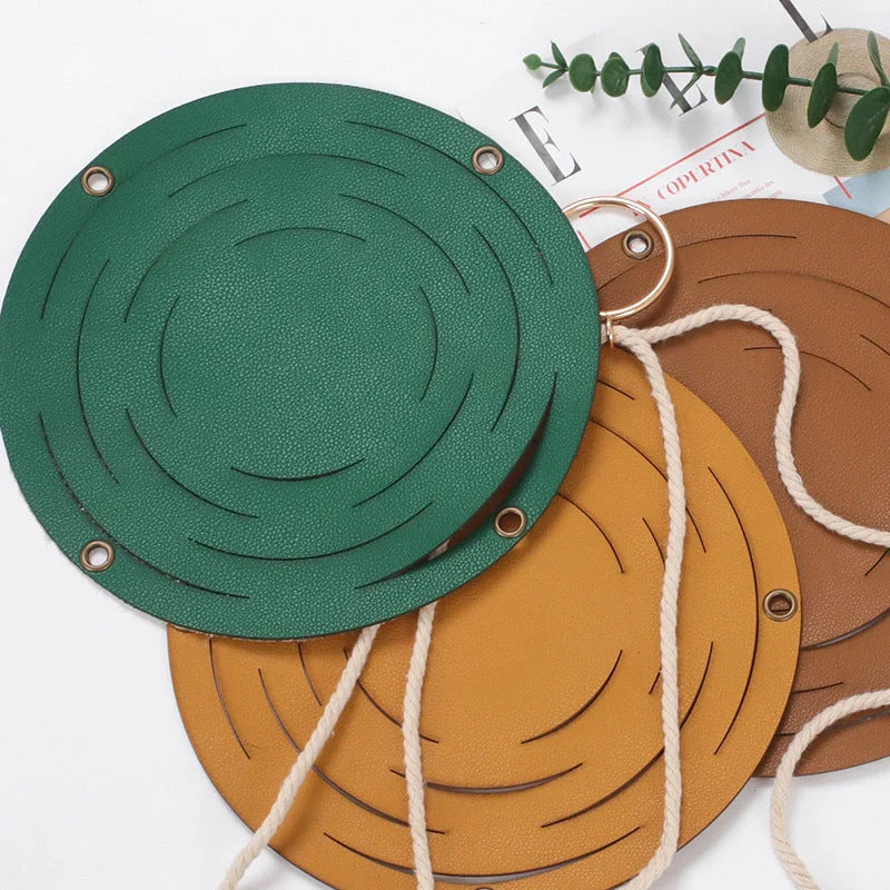 Handwoven leather hanger basket with macrame wall hanging for small plants