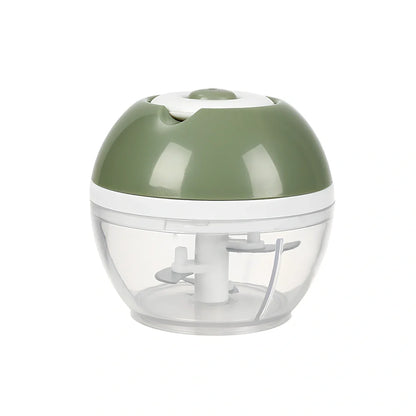 Green and white striped garlic puller with stainless steel blades and nylon pull cord
