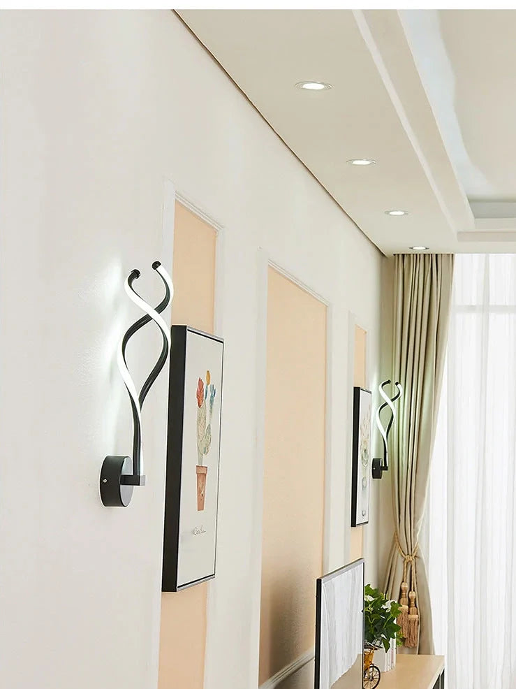 LED wall lamp with musical note acrylic shade showing 140mm width, 370mm height, and black or white colour options