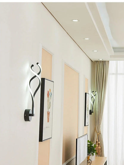 LED wall lamp with musical note acrylic shade showing 140mm width, 370mm height, and black or white colour options