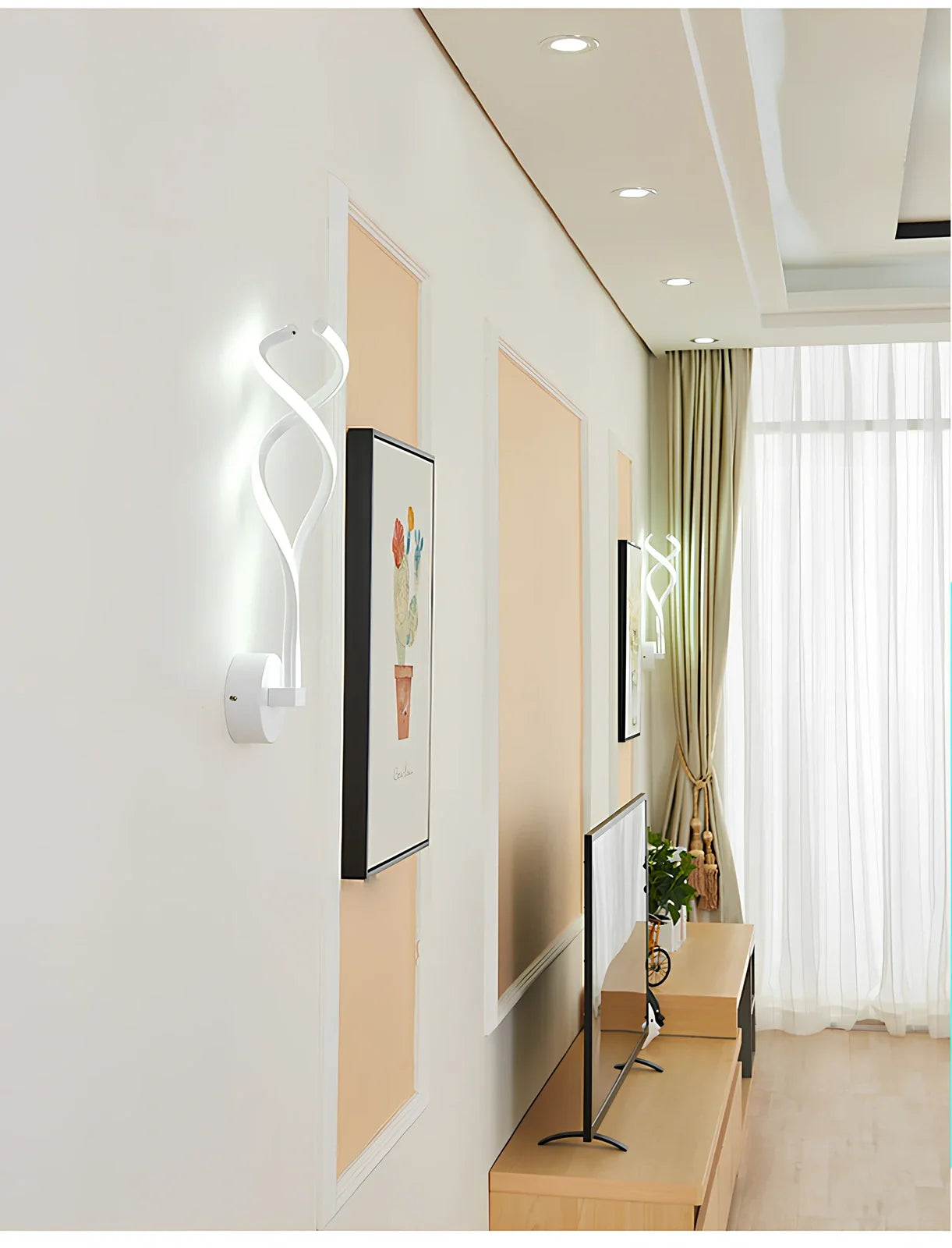 LED wall lamp with musical note acrylic shade showing 140mm width, 370mm height, and black or white colour options