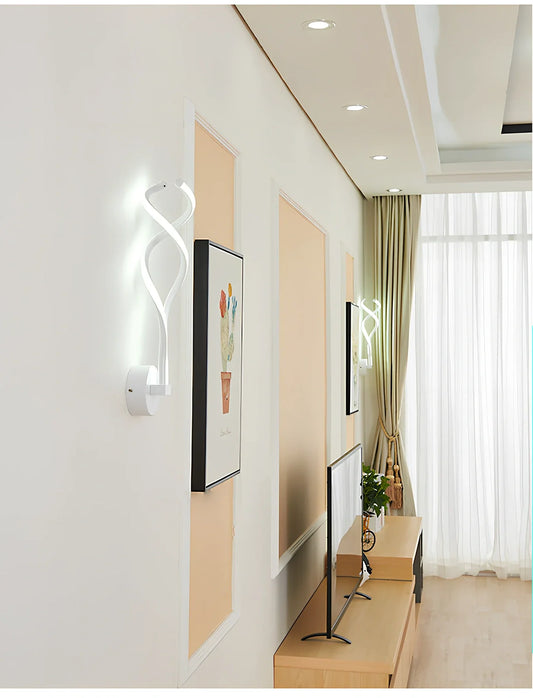 LED wall lamp with musical note acrylic shade showing 140mm width, 370mm height, and black or white colour options