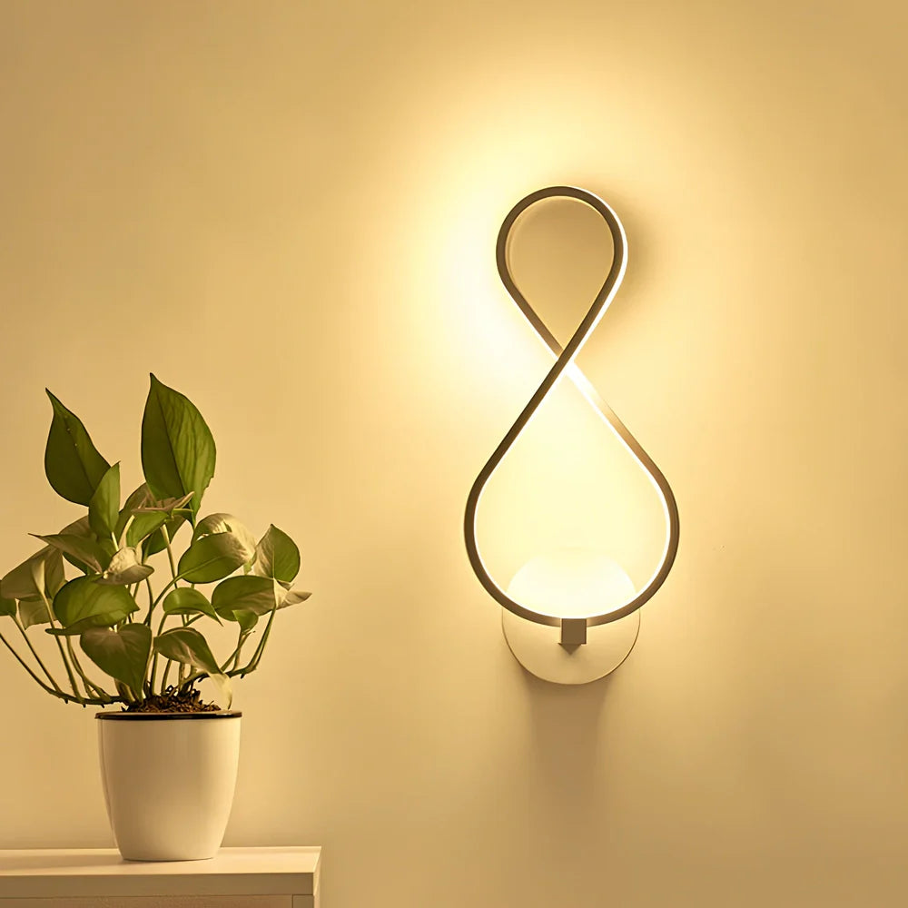 LED wall lamp with musical note acrylic shade showing 140mm width, 370mm height, and black or white colour options