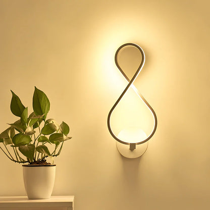 LED wall lamp with musical note acrylic shade showing 140mm width, 370mm height, and black or white colour options