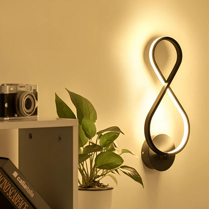 LED wall lamp with musical note acrylic shade showing 140mm width, 370mm height, and black or white colour options
