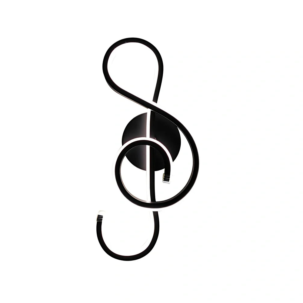 LED wall lamp with musical note acrylic shade showing 140mm width, 370mm height, and black or white colour options