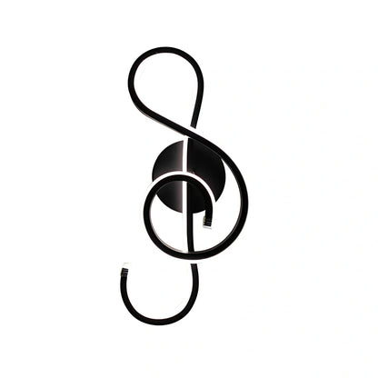 LED wall lamp with musical note acrylic shade showing 140mm width, 370mm height, and black or white colour options