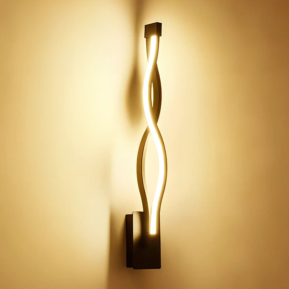 LED wall lamp with musical note acrylic shade showing 140mm width, 370mm height, and black or white colour options
