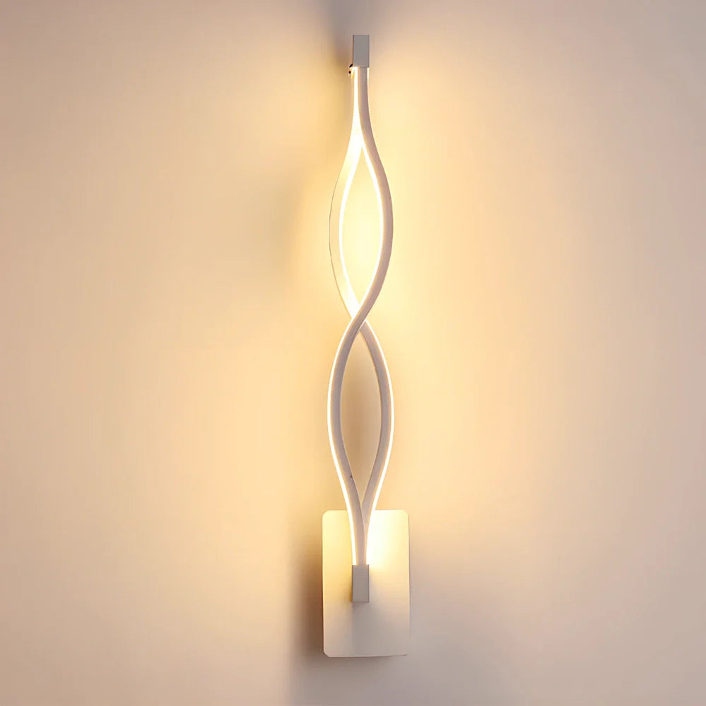 LED wall lamp with musical note acrylic shade showing 140mm width, 370mm height, and black or white colour options
