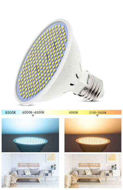 E27 LED lamp cup with 300 SMD beads showing PC construction and E27 fitting for indoor household lighting