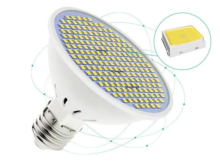 E27 LED lamp cup with 300 SMD beads showing PC construction and E27 fitting for indoor household lighting