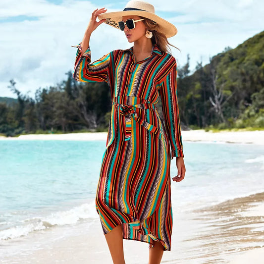 Women's color striped beach skirt with long sleeves for sun protection