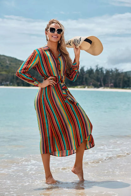 Women's color striped beach skirt with long sleeves for sun protection