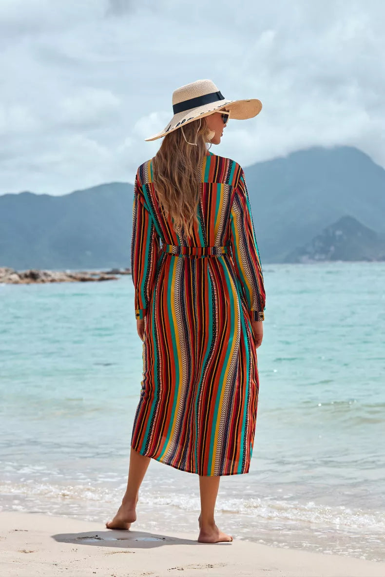 Women's color striped beach skirt with long sleeves for sun protection