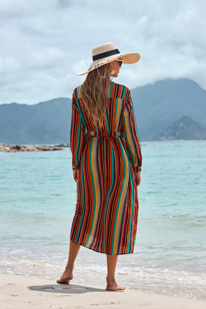 Women's color striped beach skirt with long sleeves for sun protection