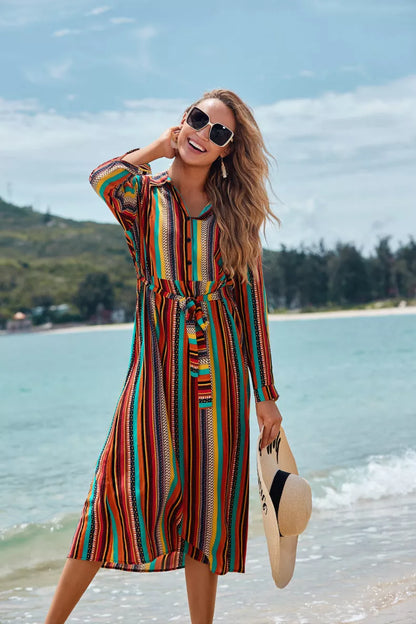 Women's color striped beach skirt with long sleeves for sun protection