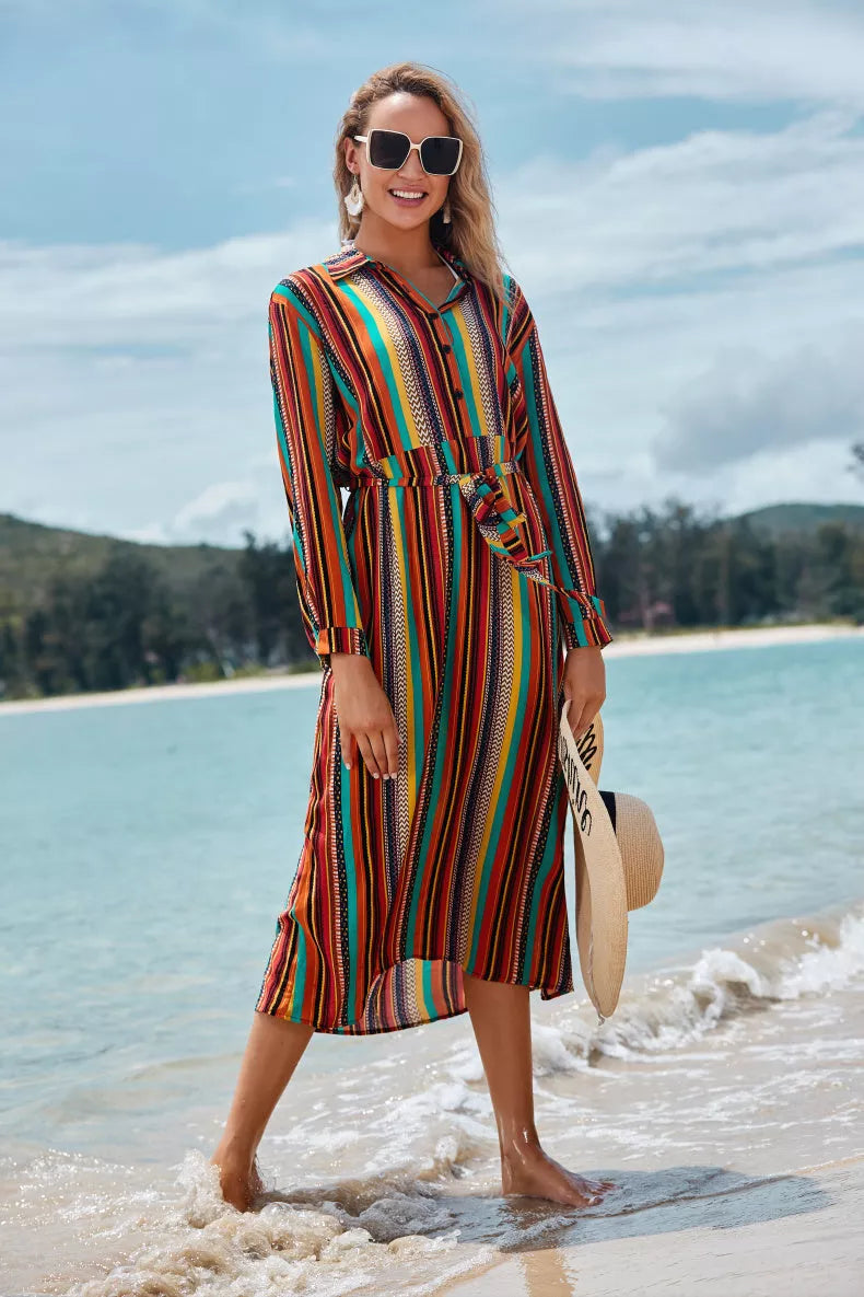 Women's color striped beach skirt with long sleeves for sun protection