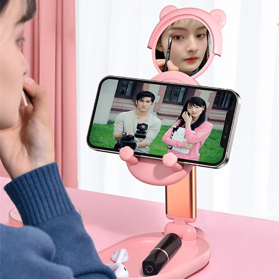 Adjustable desk phone holder tablet stand with mirror in blue colour showing foldable design