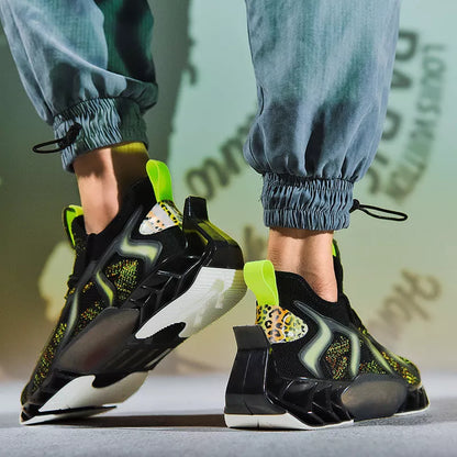 Men's woven leisure thick-soled sports shoes in white moon, black blue, and black green colors