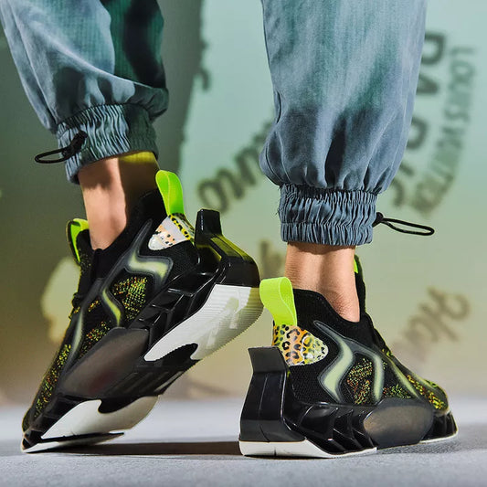 Men's woven leisure thick-soled sports shoes in white moon, black blue, and black green colors