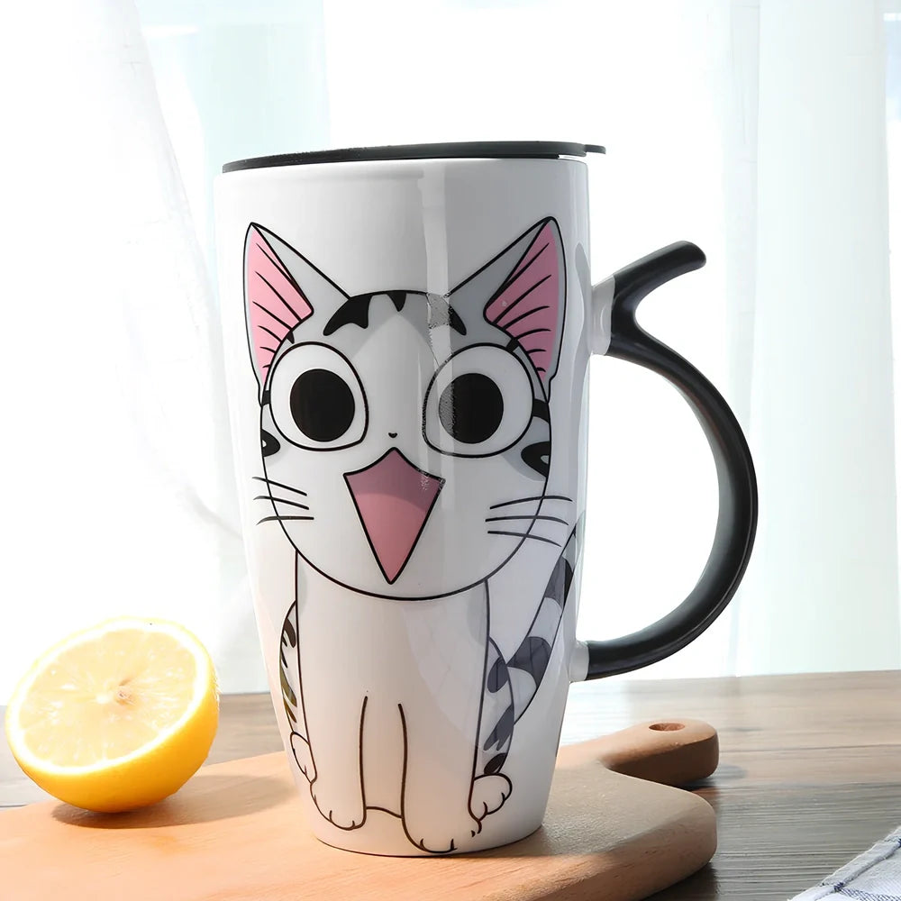 Ceramic coffee mug with cartoon cat design, 600ml capacity, includes lid