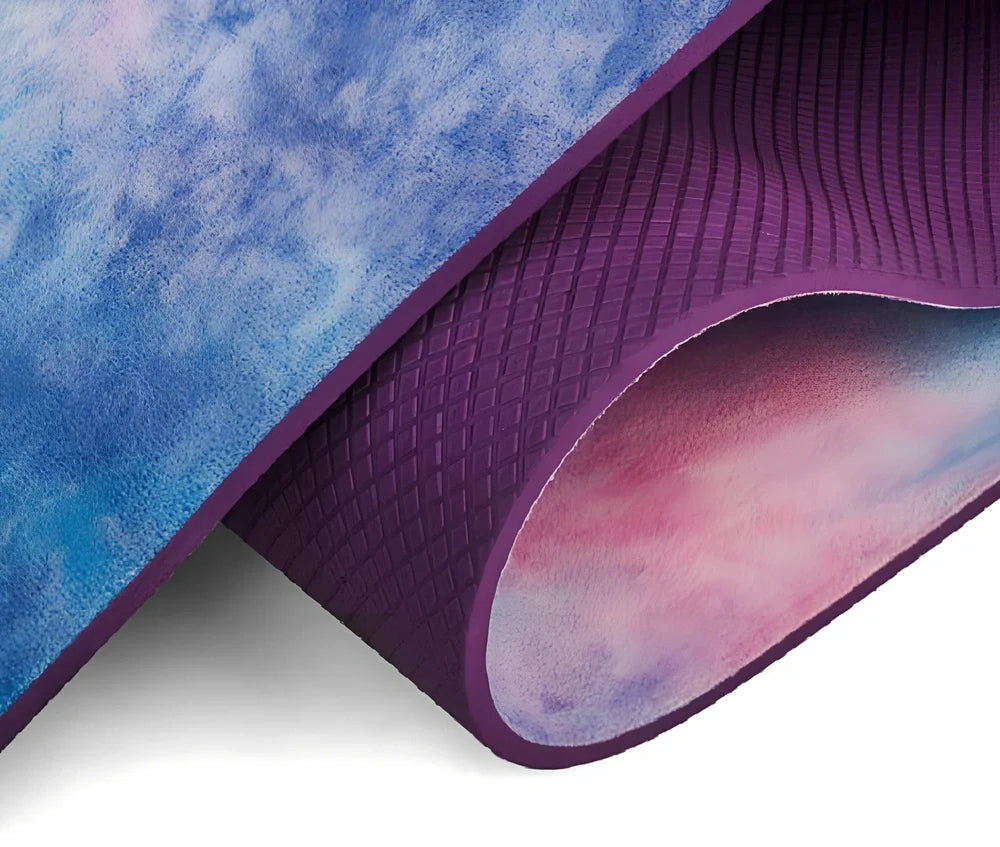 Tie-dyed yoga mat with purple and pink pattern, 5mm thickness for joint protection during floor exercises