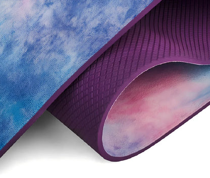 Tie-dyed yoga mat with purple and pink pattern, 5mm thickness for joint protection during floor exercises