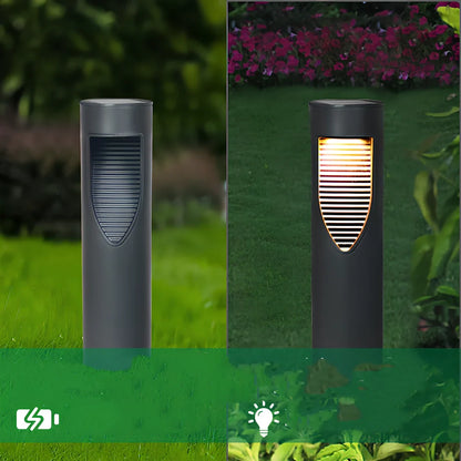 Black solar LED flood light with stainless steel frame for outdoor garden paths, IP44 rated, 25cm height