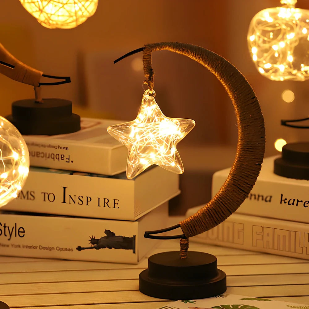 Star-shaped wrought iron LED decorative light with copper wire detailing and glass shell, measuring 280mm by 140mm by 130mm
