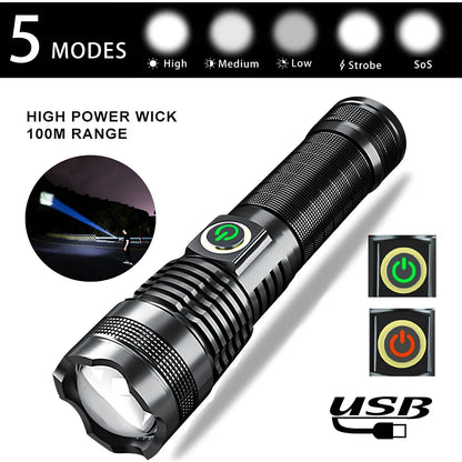 P50 aluminium zoom flashlight showing adjustable head and USB charging port with 26650 battery