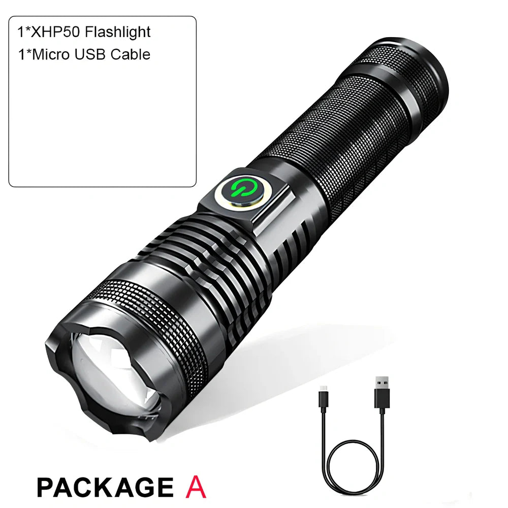 P50 aluminium zoom flashlight showing adjustable head and USB charging port with 26650 battery