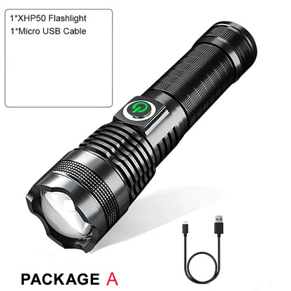 P50 aluminium zoom flashlight showing adjustable head and USB charging port with 26650 battery