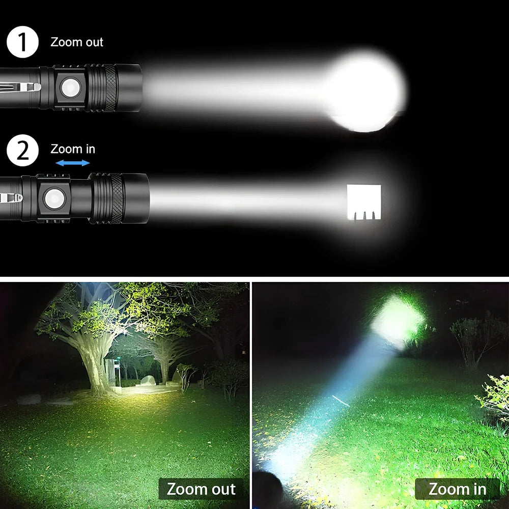 P50 aluminium zoom flashlight showing adjustable head and USB charging port with 26650 battery