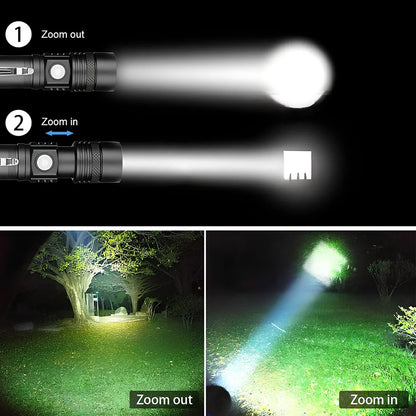 P50 aluminium zoom flashlight showing adjustable head and USB charging port with 26650 battery