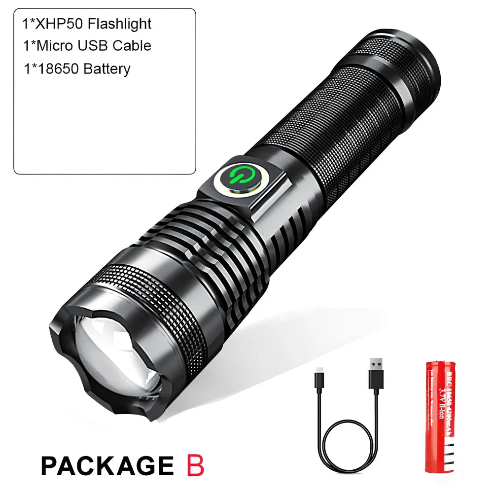 P50 aluminium zoom flashlight showing adjustable head and USB charging port with 26650 battery
