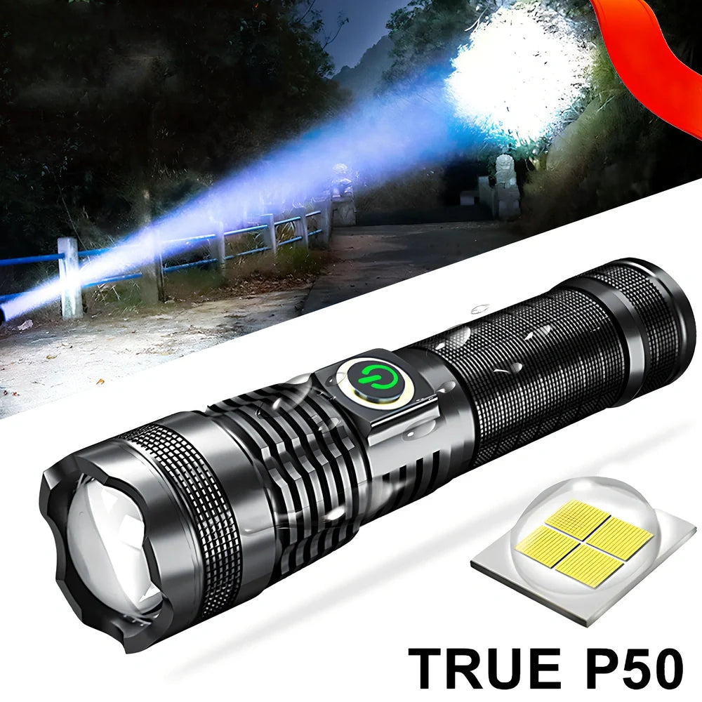 P50 aluminium zoom flashlight showing adjustable head and USB charging port with 26650 battery