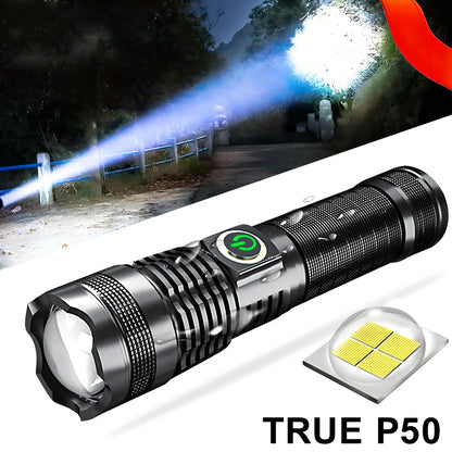 P50 aluminium zoom flashlight showing adjustable head and USB charging port with 26650 battery
