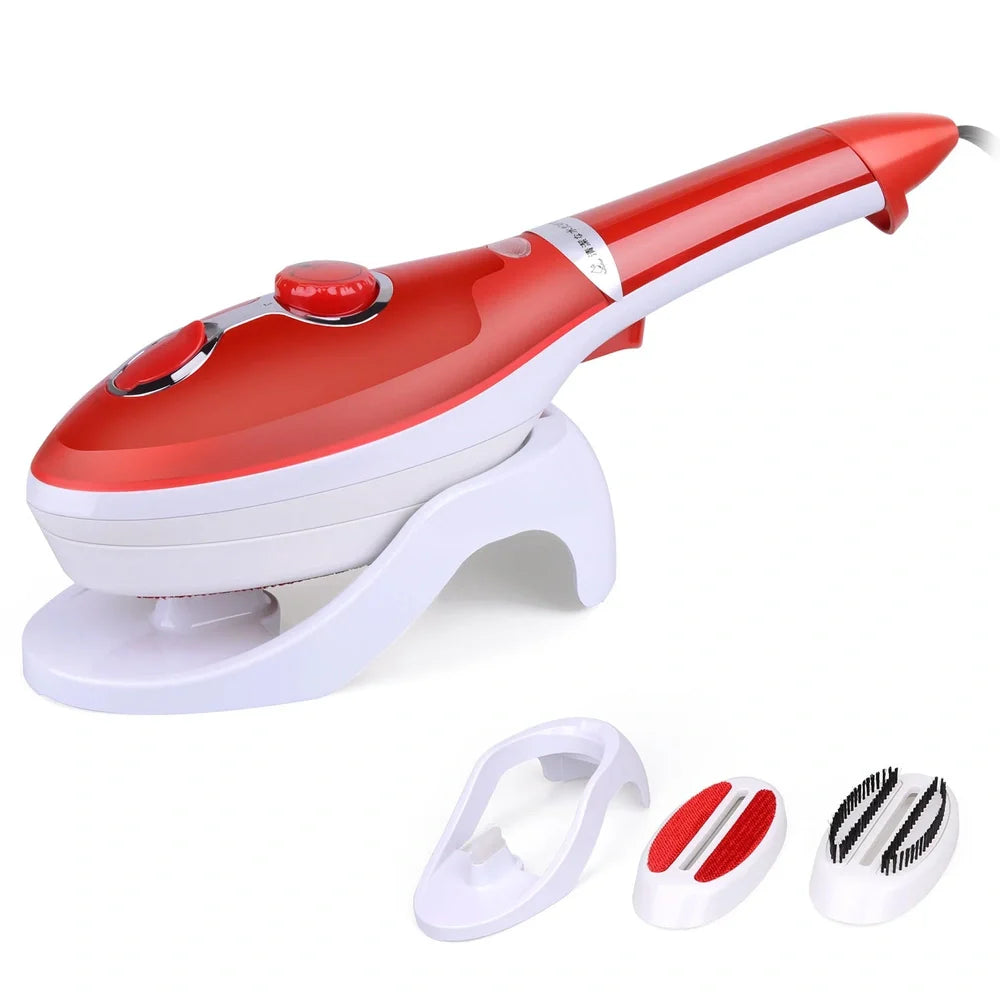 Black and red handheld steam iron with 160ml tank, 33.5cm long, three temperature settings for portable garment steaming