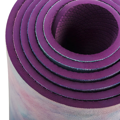 Tie-dyed yoga mat with purple and pink pattern, 5mm thickness for joint protection during floor exercises