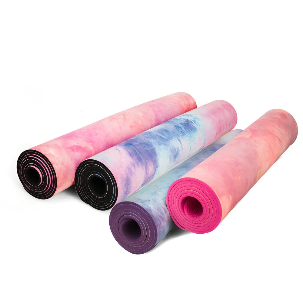 Tie-dyed yoga mat with purple and pink pattern, 5mm thickness for joint protection during floor exercises