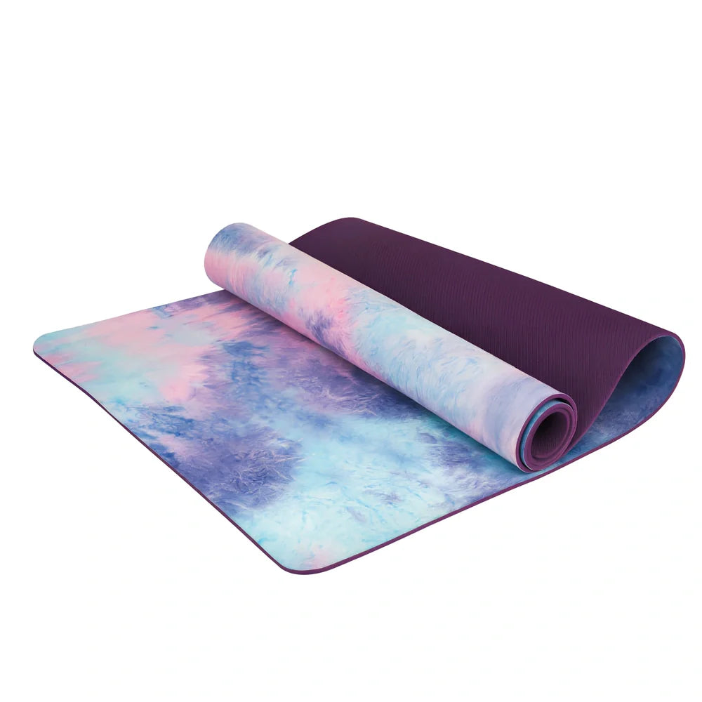 Tie-dyed yoga mat with purple and pink pattern, 5mm thickness for joint protection during floor exercises