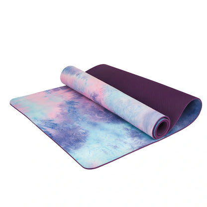Tie-dyed yoga mat with purple and pink pattern, 5mm thickness for joint protection during floor exercises