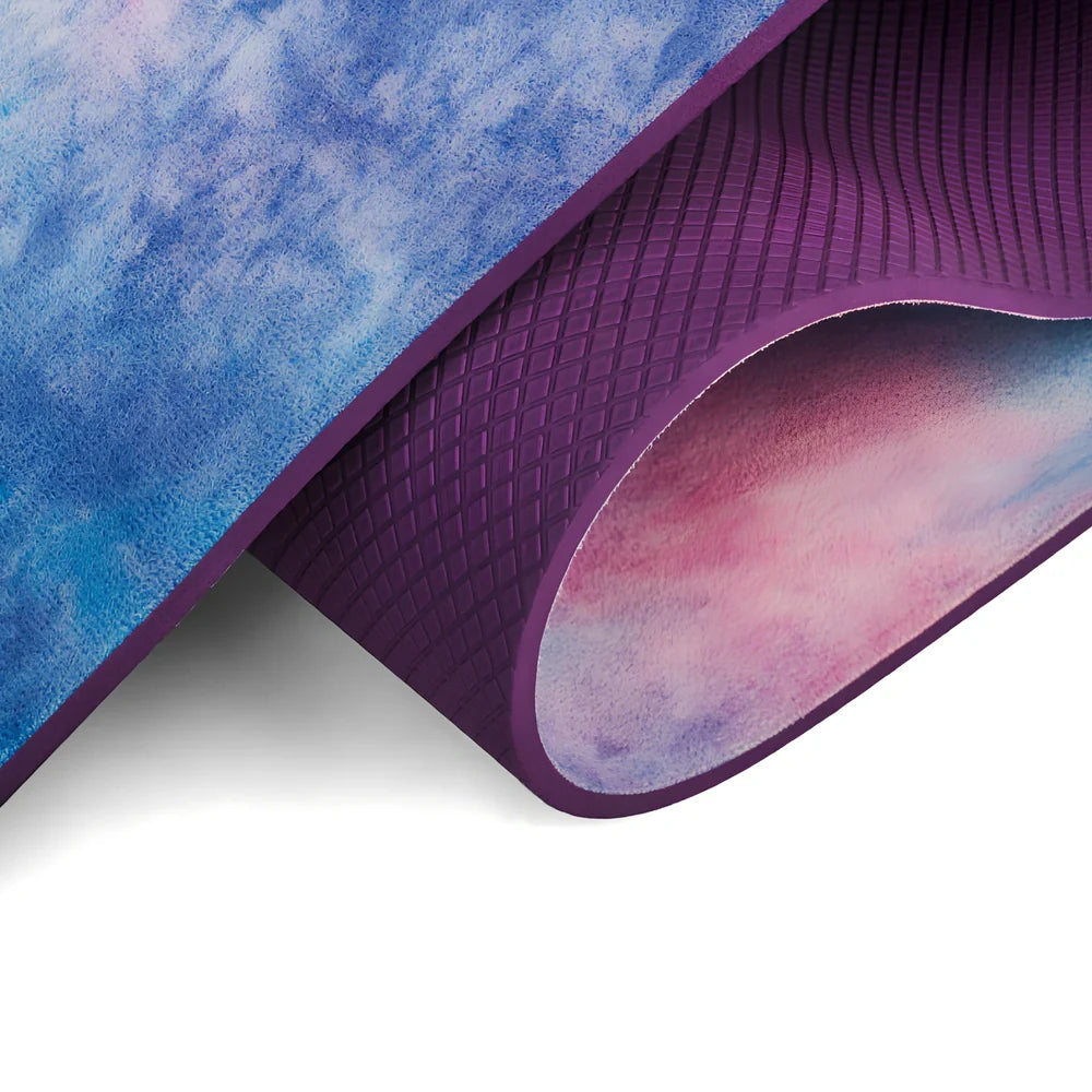 Tie-dyed yoga mat with purple and pink pattern, 5mm thickness for joint protection during floor exercises