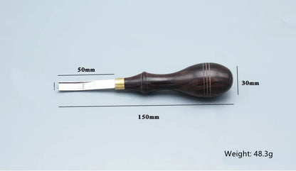 Leather crafting wide shovel edge thinning knife and drum shovel hand tool.