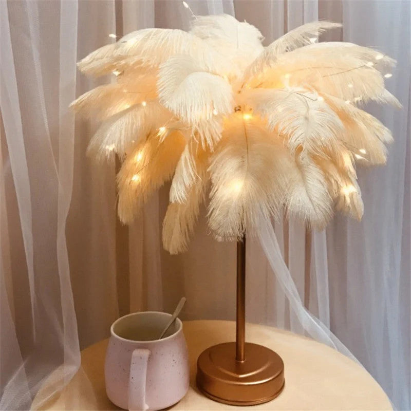 Elegant cordless feather table lamp with remote control, offering warm, cozy lighting for your home decor
