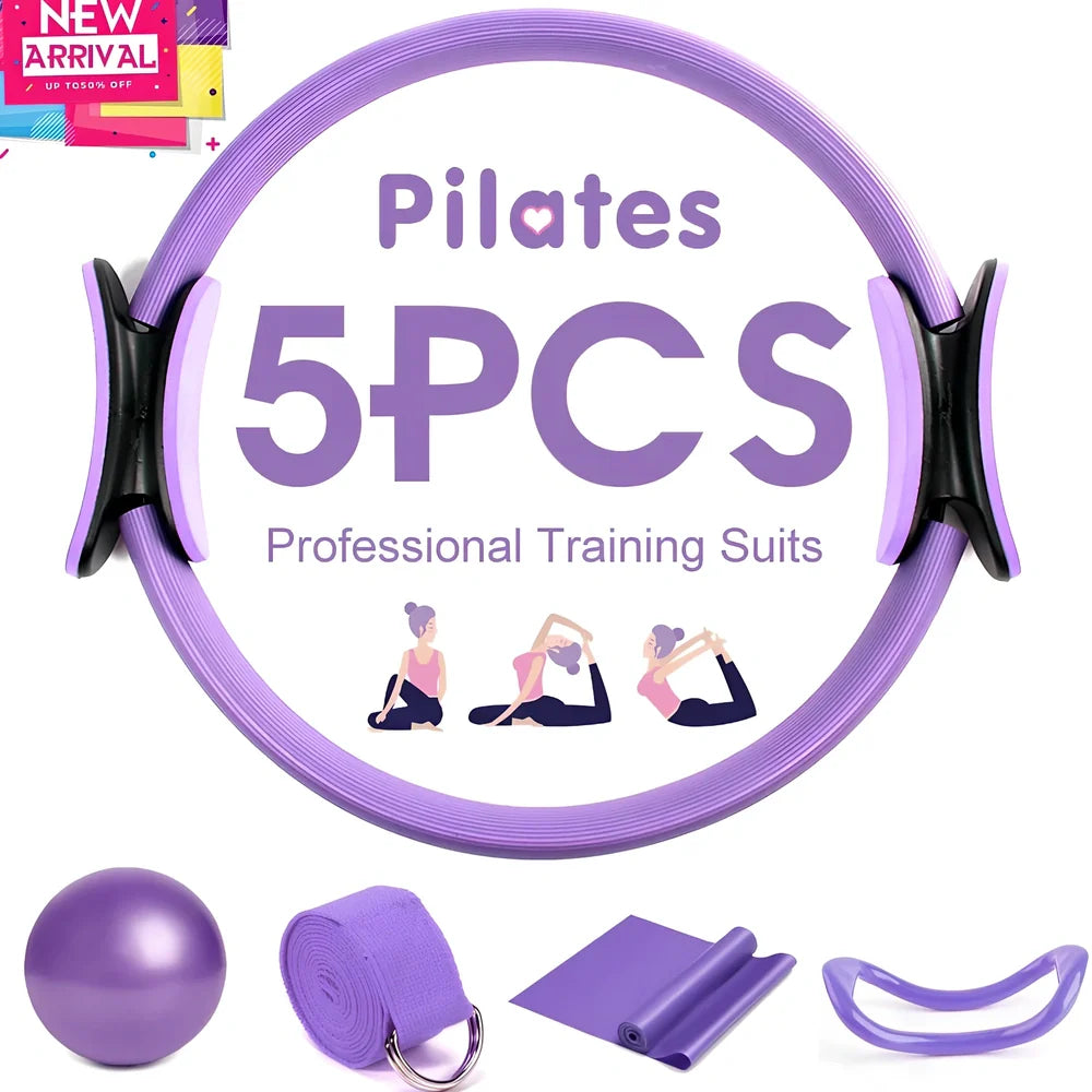 5-piece yoga equipment set showing 38cm Pilates circle, 25cm ball, 183cm belt, 150cm strap, 24cm ring